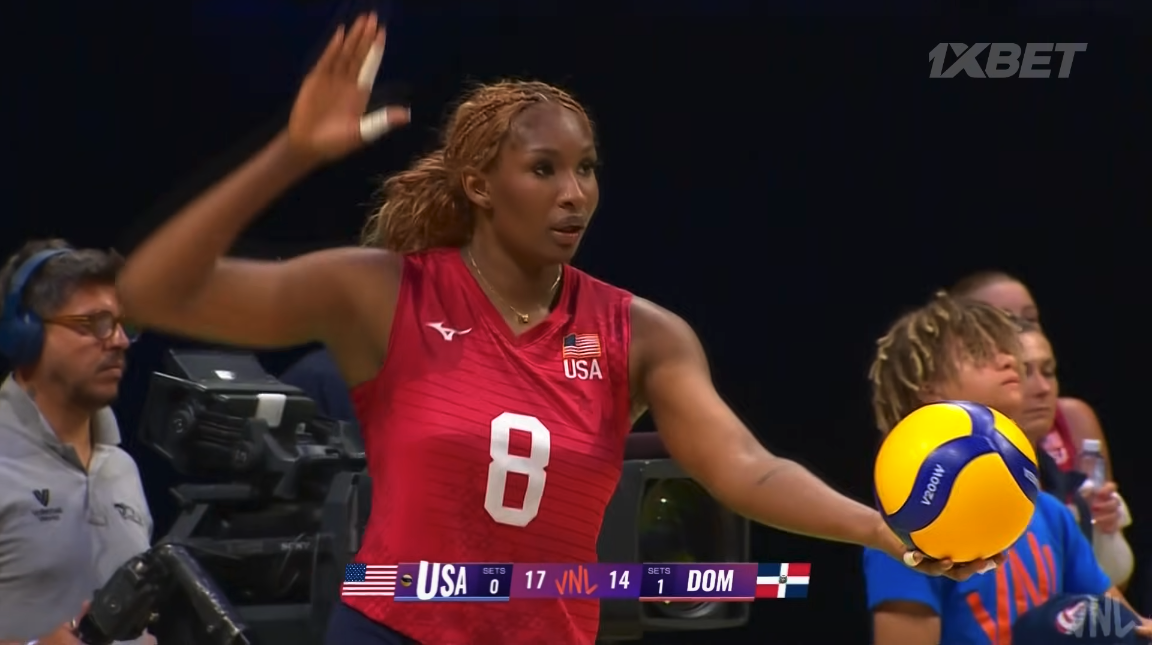 Brionne Butler serving for Team USA versus Dominican Republic in VNL match July 10, 2025